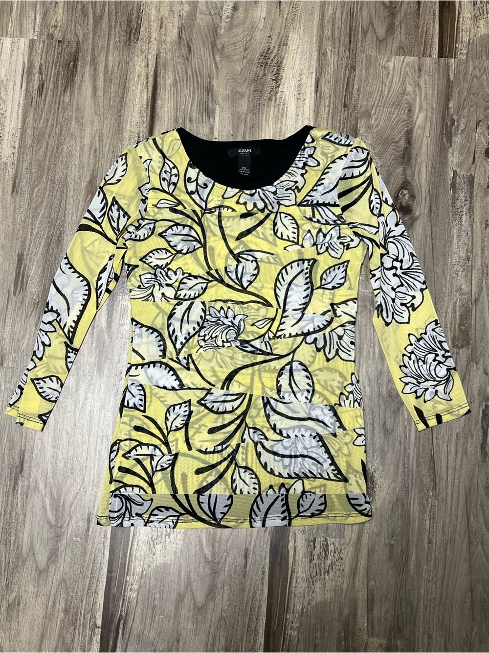Alfani Petite Yellow Black Floral Mesh Tunic Top Size PS